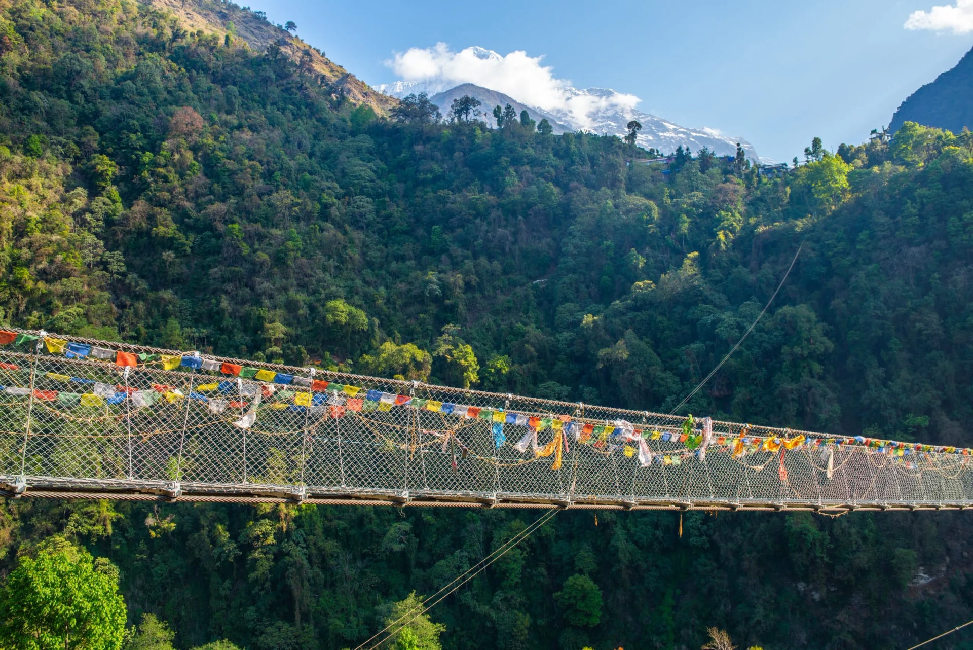 The suspension bridge named 'Natural hot springs pool and turquoise glacial rocky mountain river stream' (278 m long) located nearly Jhinu Danda village, one of the famous village on the way to Annapurna Sanctuary of Nepal.